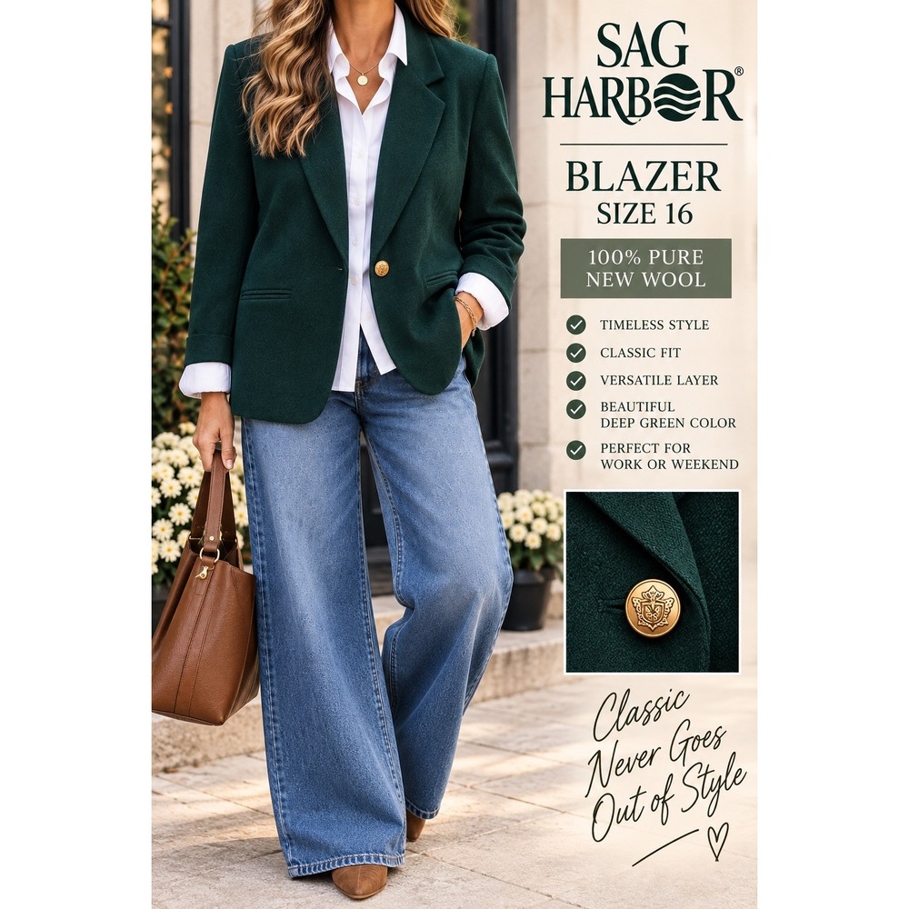 Sag Harbor Womens Green 100% Pure New Wool Blazer Size 16 Gold Crest Button